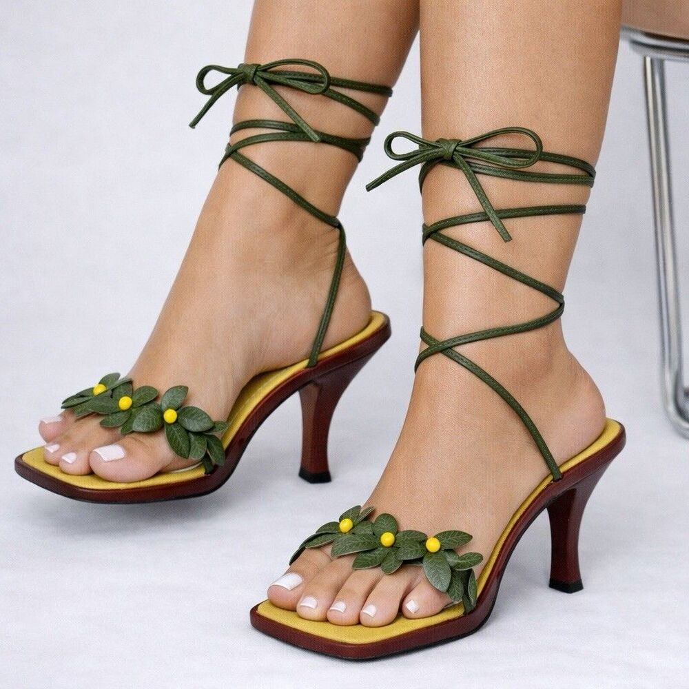 Y2K Vintage Valentino Sandals Green Floral Lace Up Heels Italian Designer Shoes